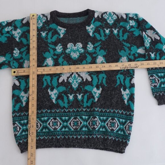 Vintage Grey Green Floral Knit Crewneck Fair Isle Fisherman Sweater S - Picture 4 of 10